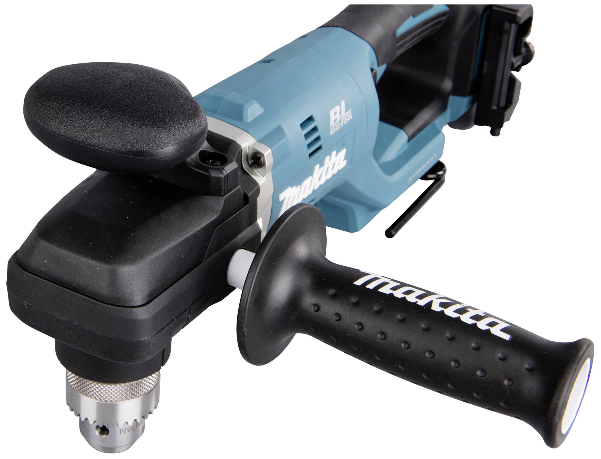 Cordless angle drill in blue with a black handle, suitable for tight working spaces.