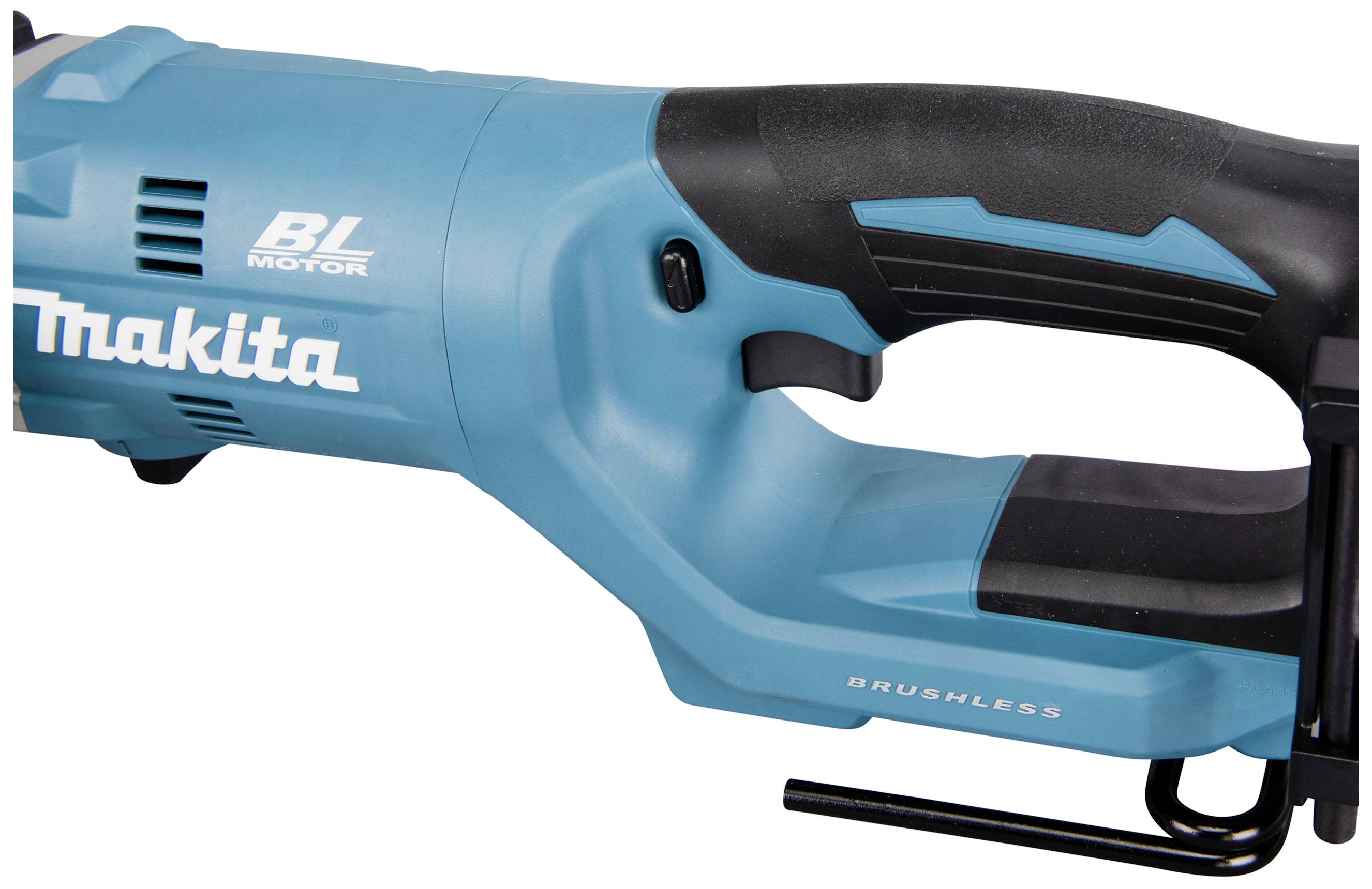 A blue, cordless handle of a Makita electric saw with the inscription 'BL Motor' and 'Brushless'.