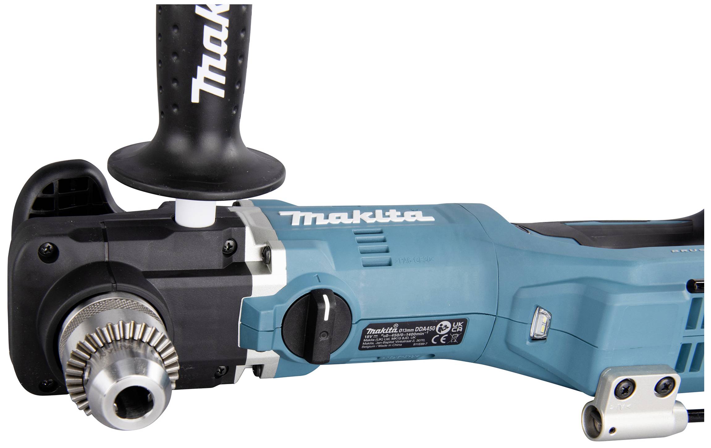 A blue, electric drill with a side handle and brand logo.