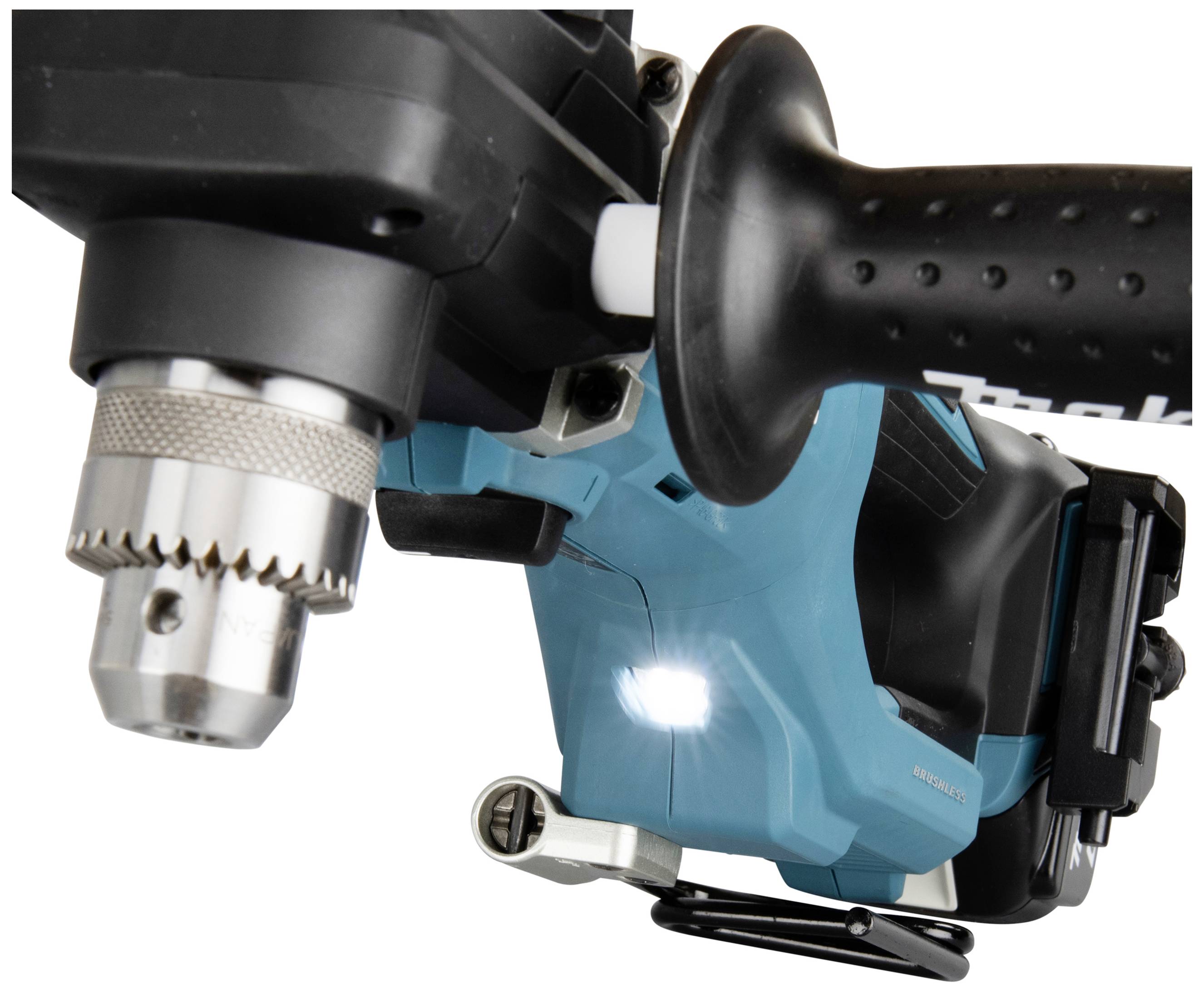 A blue electric drill with a black handle and a bright LED light at the front.