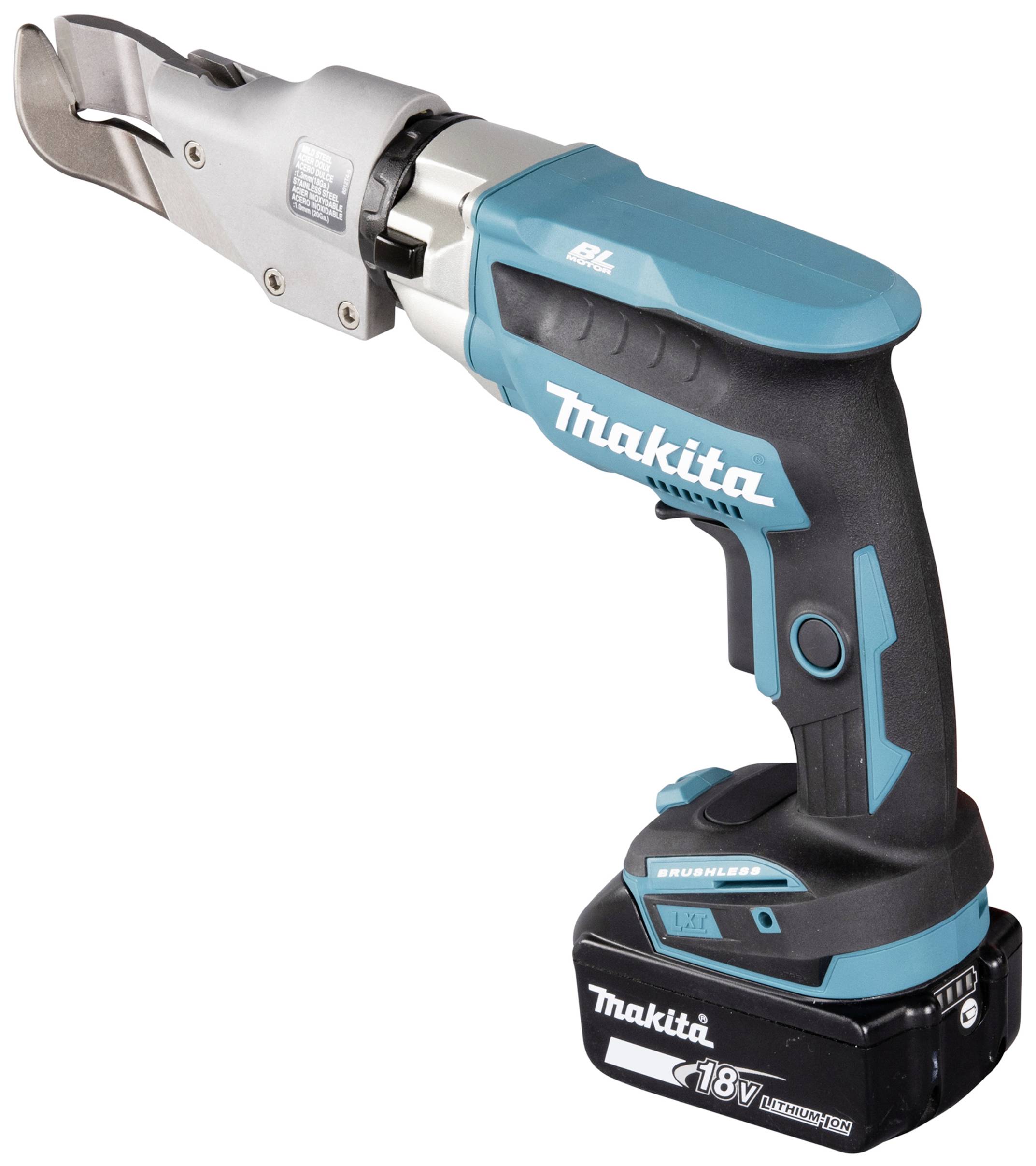 Cordless blue and black electric shears with an angled cutting head and ergonomic handle. Ideal for cutting metal.