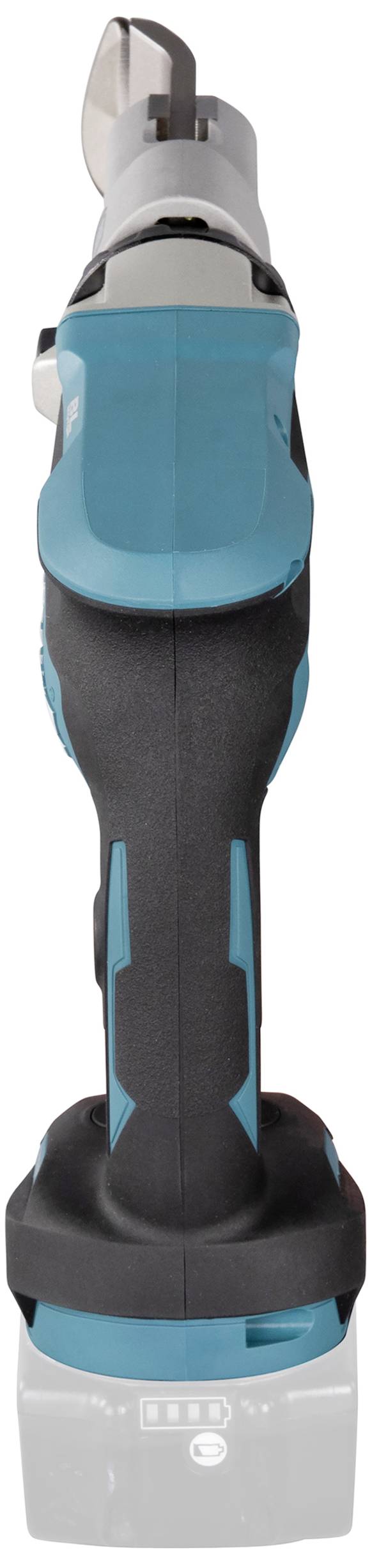 A cordless blue-black electric tool for cutting materials, with an ergonomic handle and interchangeable blade.