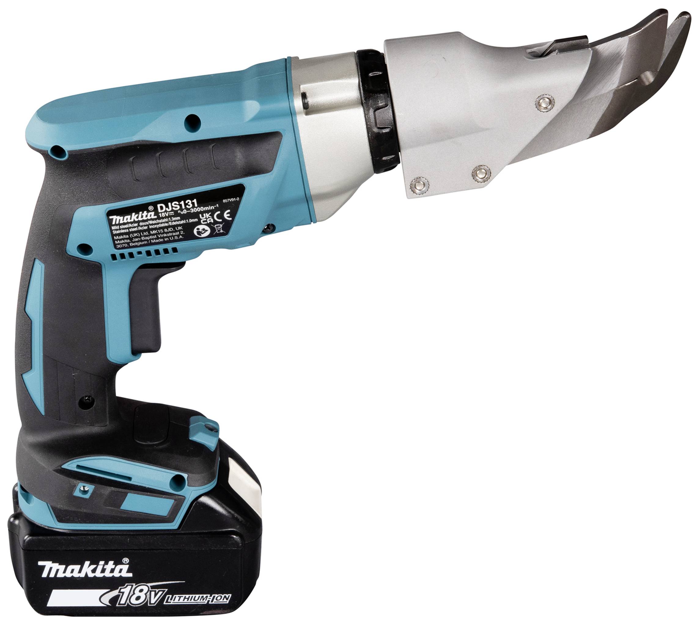 Cordless, blue Makita battery-powered cutter with blade and 18V battery, suitable for fast and precise cutting of materials.