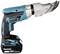 Cordless, blue Makita battery-powered cutter with blade and 18V battery, suitable for fast and precise cutting of materials.