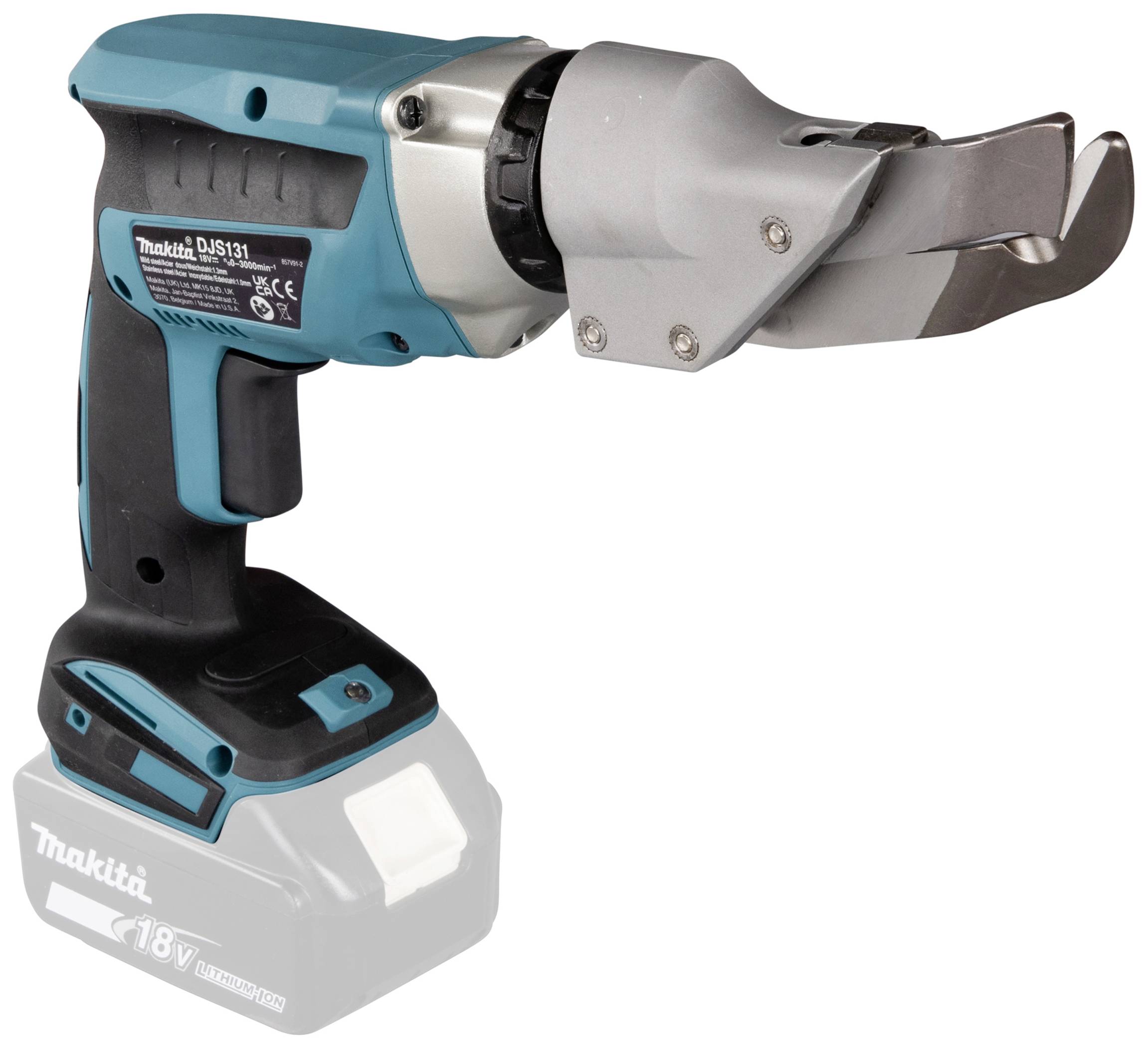 Electric sheet metal cutting tool in blue with a black handle. Battery compartment visible on the underside, brand name printed.