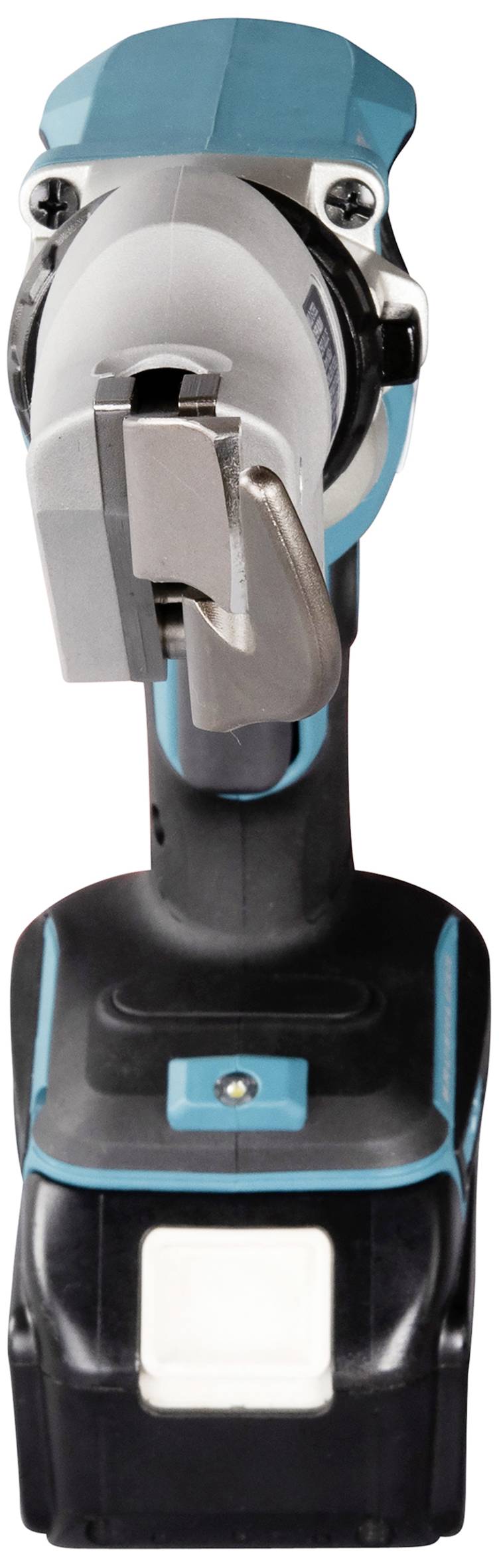 Cordless electric tool, presumably a pipe cutter, made of metal and plastic in black and turquoise with a battery at the end of the handle.