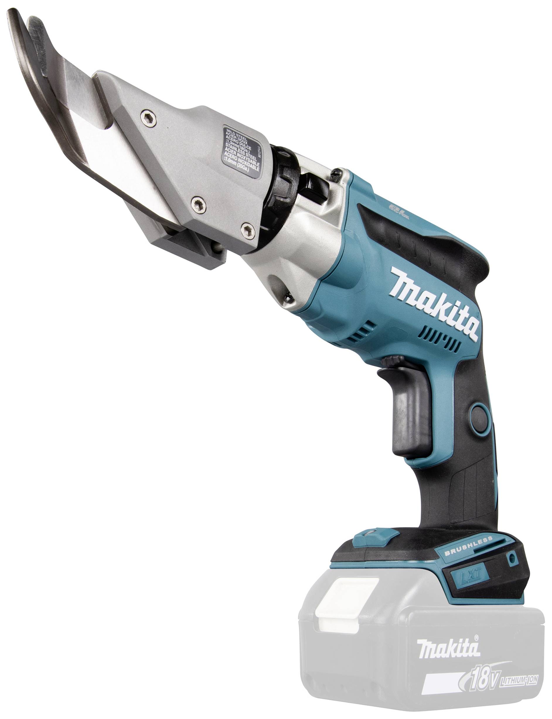 Battery-powered metal shears with a blue-black housing and Li-Ion battery. A tool by Makita, suitable for cutting metal sheets.
