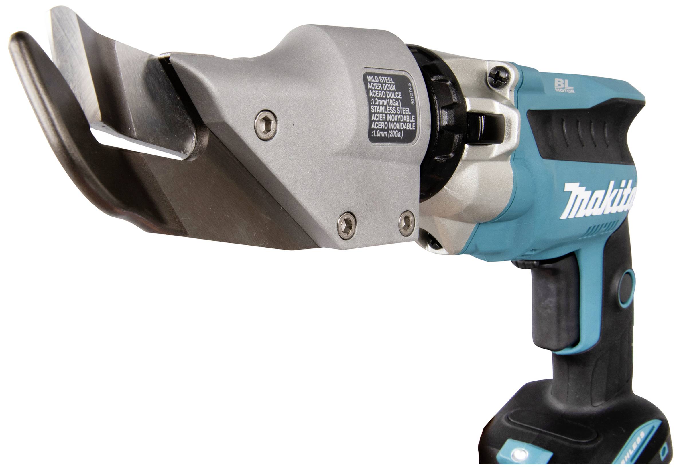 An electric hand-held metal shear with a blue handle and silver blade, suitable for cutting metal sheets.