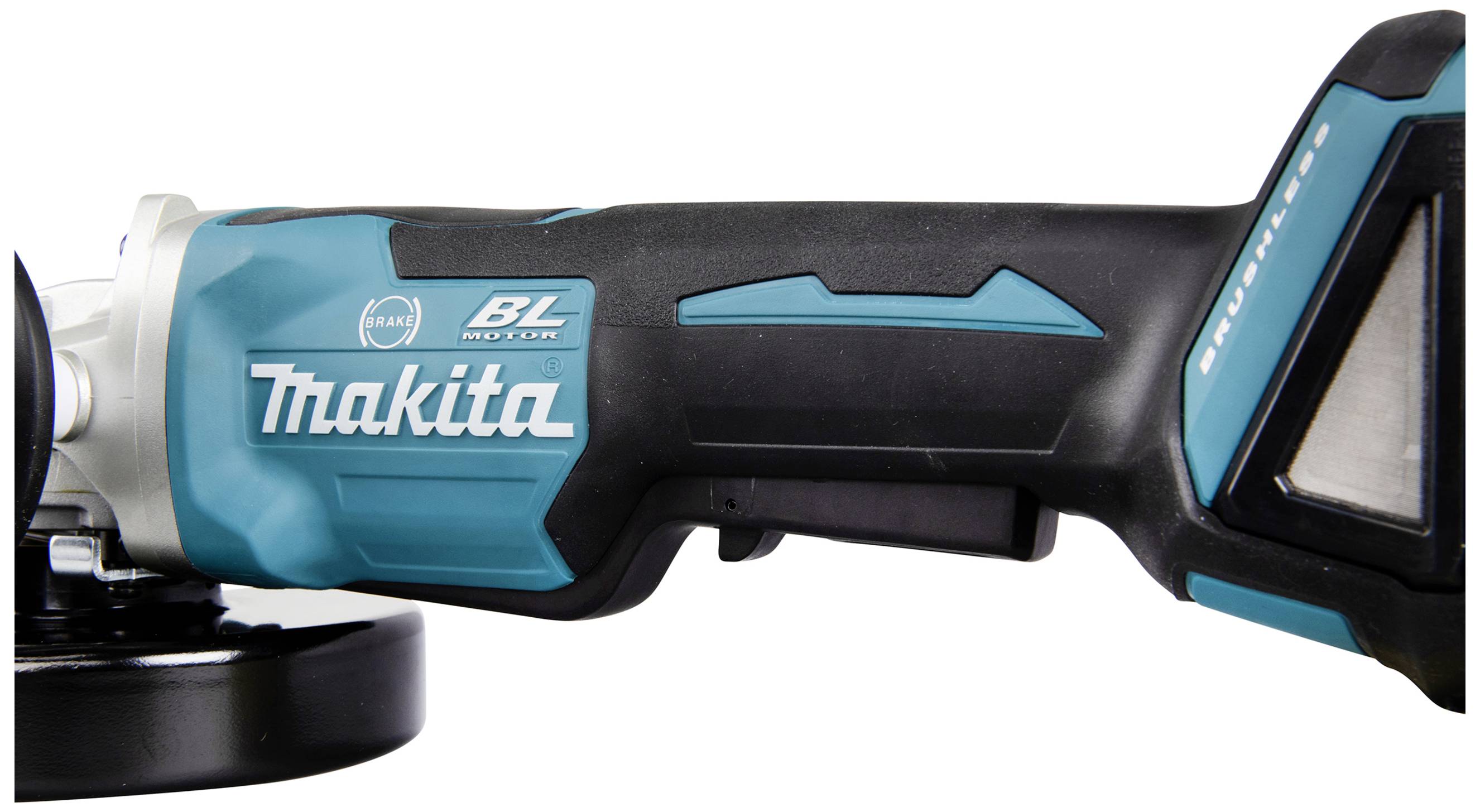 Makita angle grinder with ergonomic design, black and blue casing.