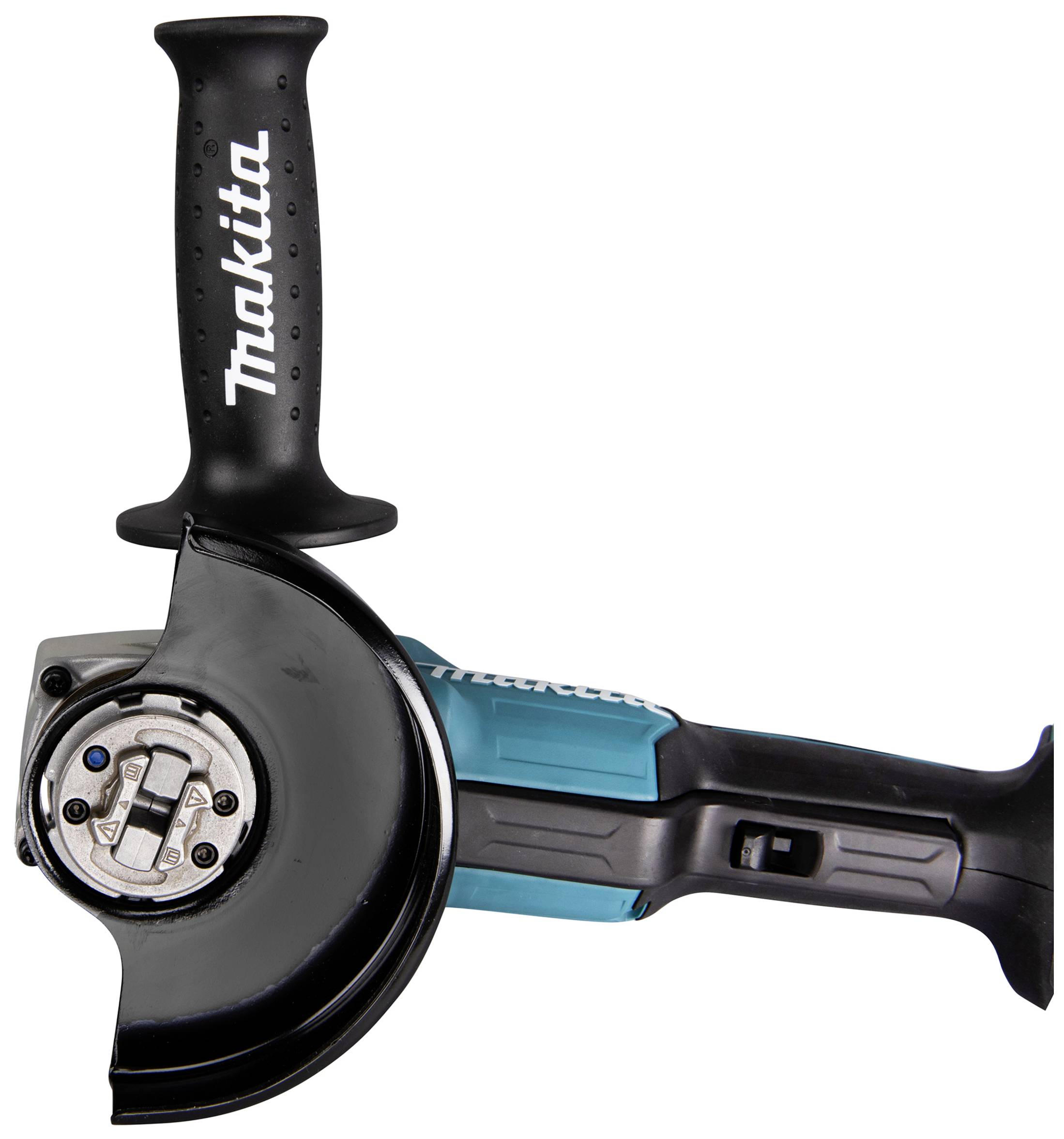 An angle grinder with a blue casing and black guard. Handle featuring the 'Makita' branding.