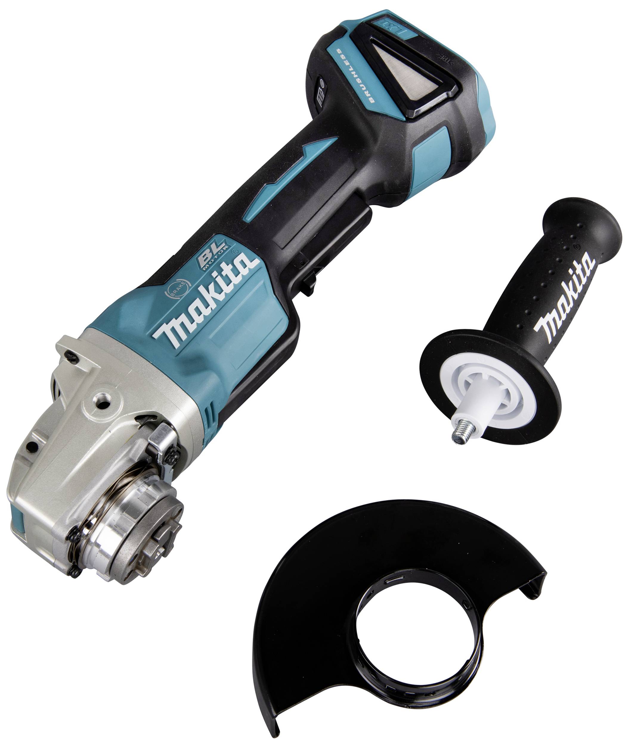A battery-powered angle grinder with a removable handle and a protective cover, on a white background.