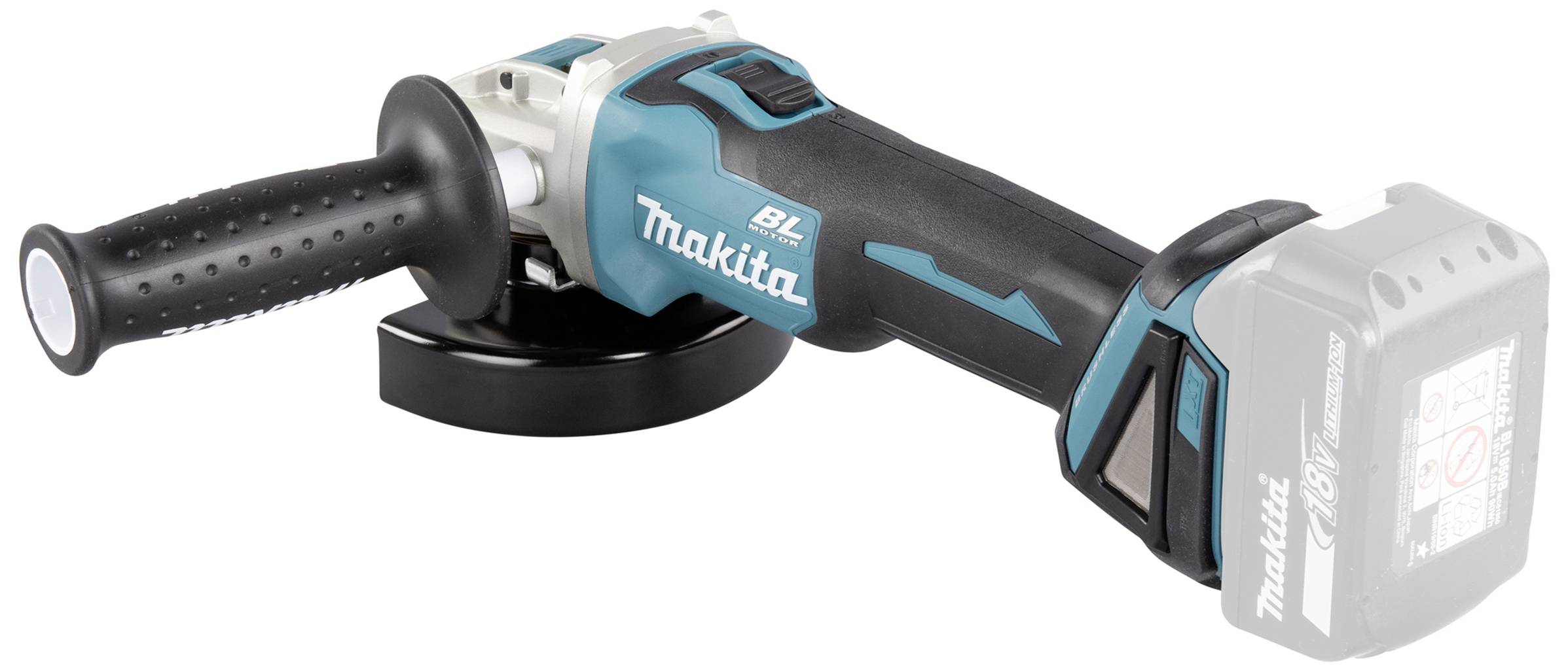 Cordless angle grinder in blue and black with battery on the right and handle on the left. 'Makita' brand name visible on the housing.