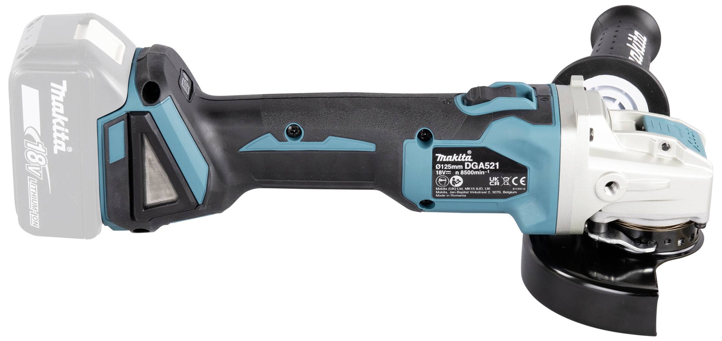 Battery-powered angle grinder in black and blue with visible Makita logo, lying on its side; tool for grinding work.