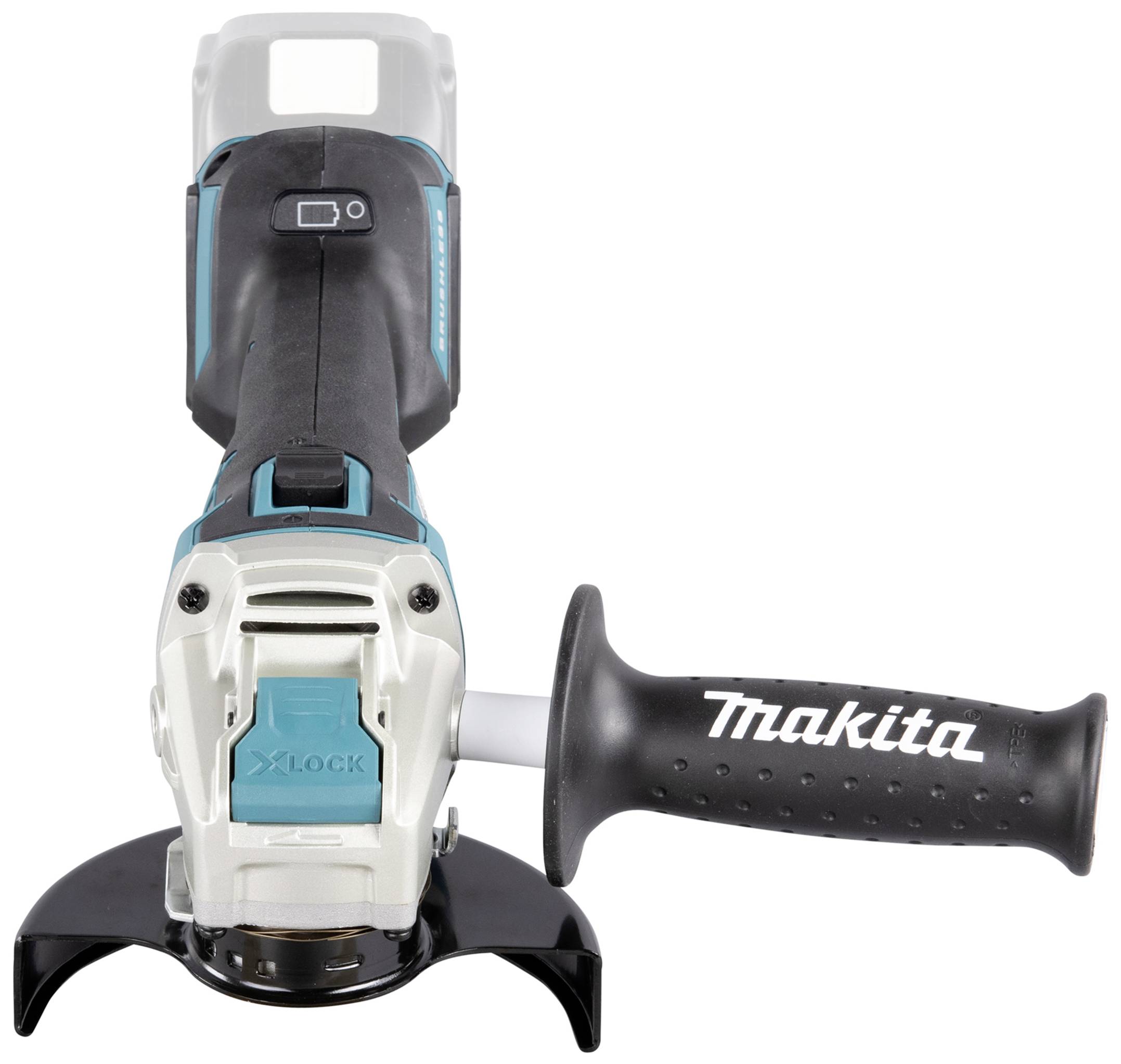 Battery-powered angle grinder with ergonomic handle, blue and black. Brand on the handle: 'Makita'. Front view of the tool.