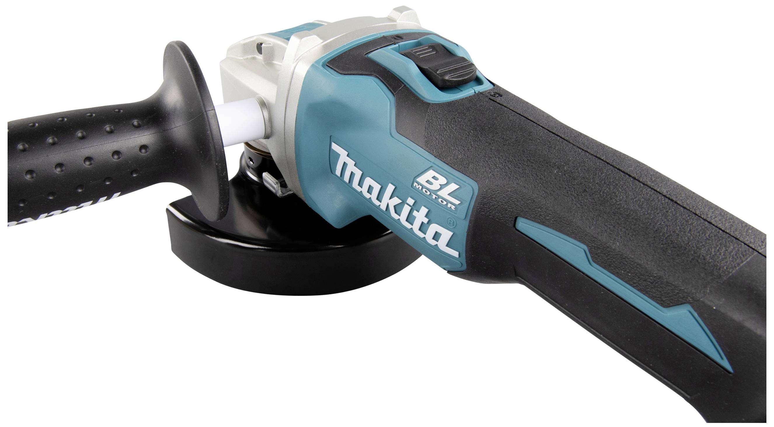 An angle grinder with a blue-black housing and handle, with the brand clearly visible. The device is used for grinding, cutting, or polishing.