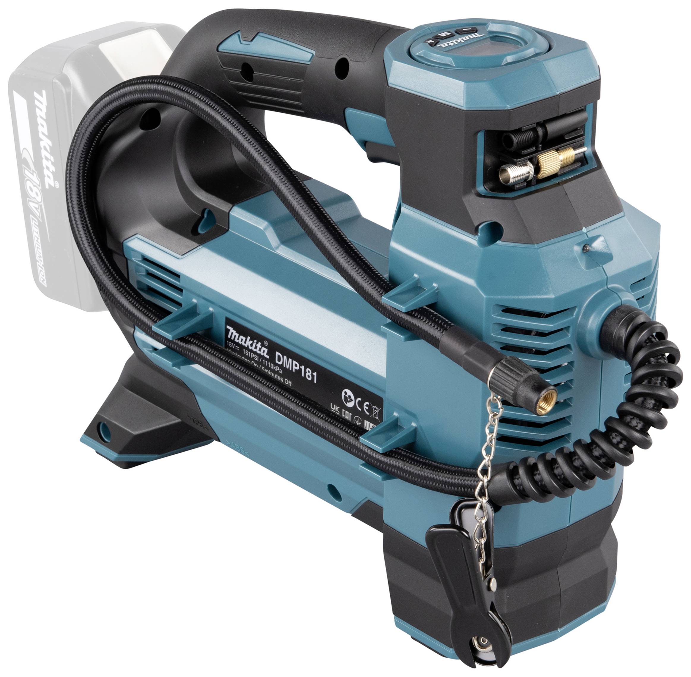 Portable Battery-Powered Compressor by Makita, Model DMP181, in turquoise and black, with air hose and pressure gauge, suitable for DIY enthusiasts.
