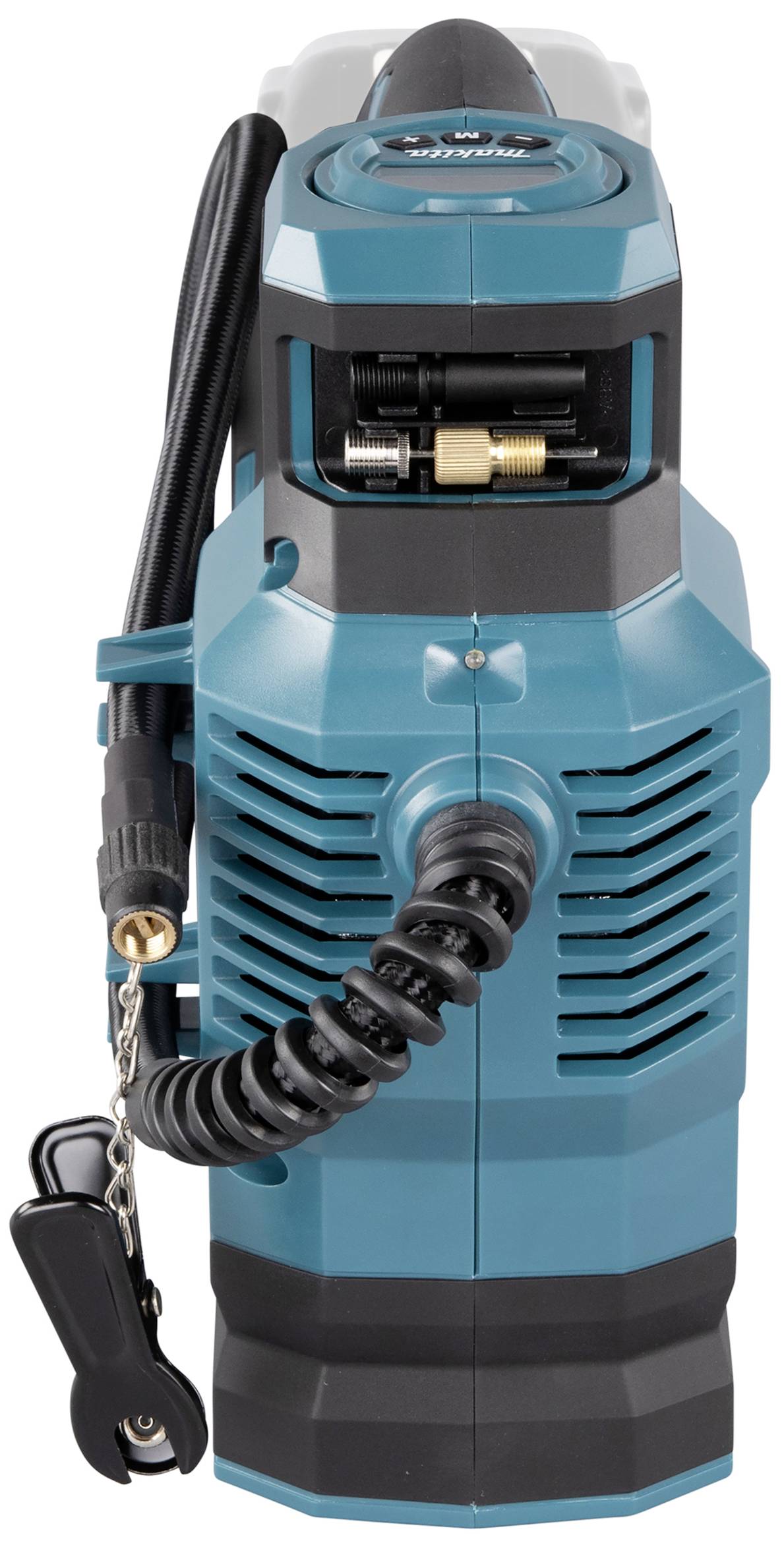 Blue portable air compressor with black hose and clip. Compact design, suitable for quick and mobile applications.