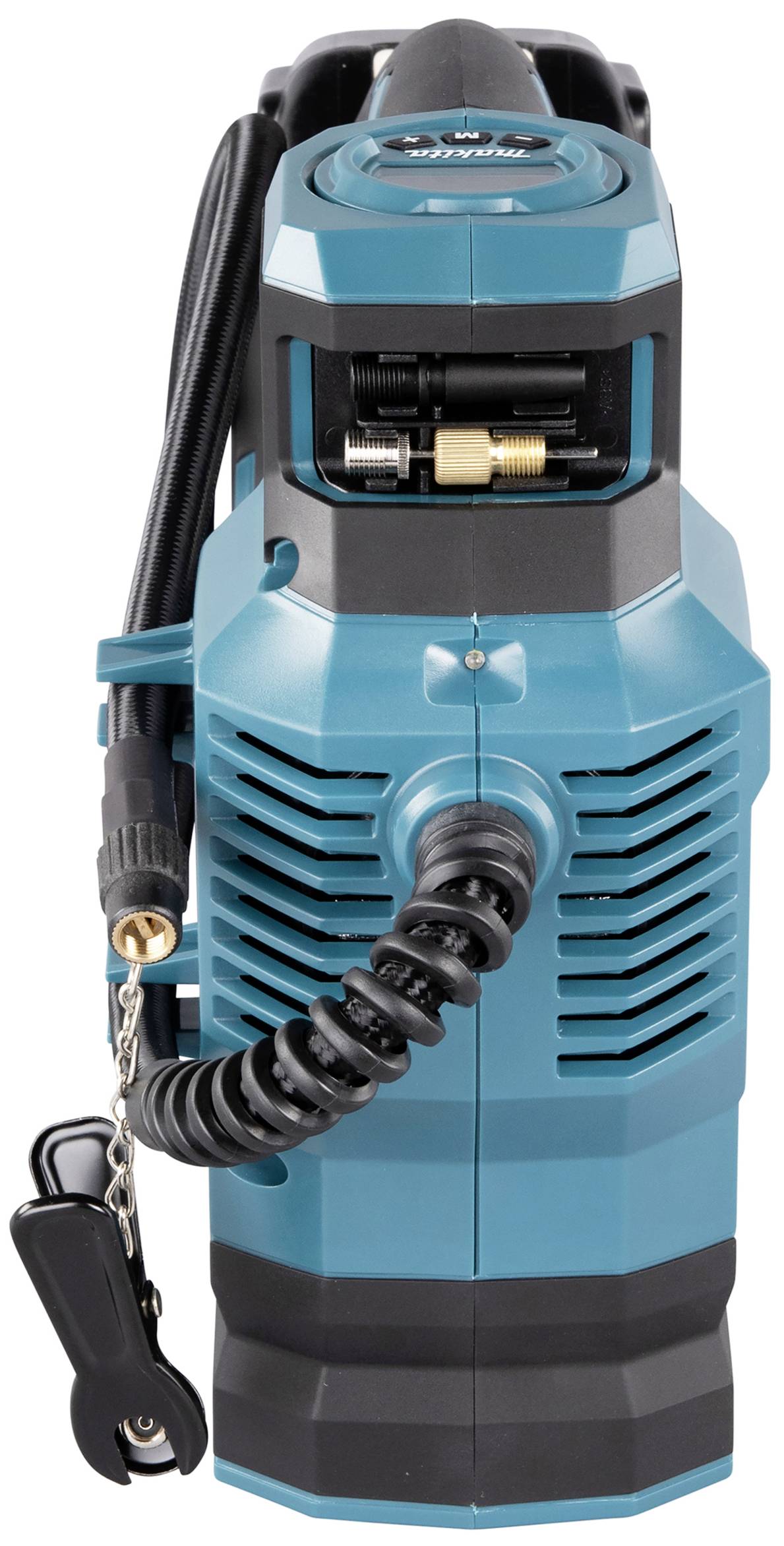 Portable air compressor with spiral cable and black connector, blue casing, suitable for various inflation and compressed air applications.