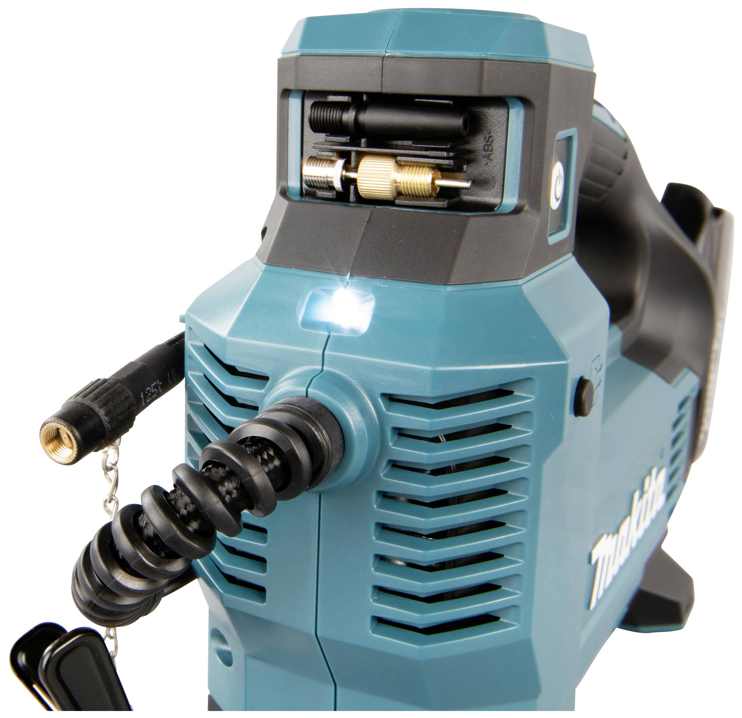 Electric air pump in close-up, blue casing, with integrated hose and compressor attachments, suitable for tyre inflation.