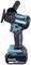 A cordless, navy blue Makita polishing tool with an 18V lithium-ion battery and a red polishing head, standing upright.