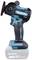 Battery-powered grinding tool with a blue-black casing and brushless motor, vertical grip and circular grinding disc, brand 'Makita'.