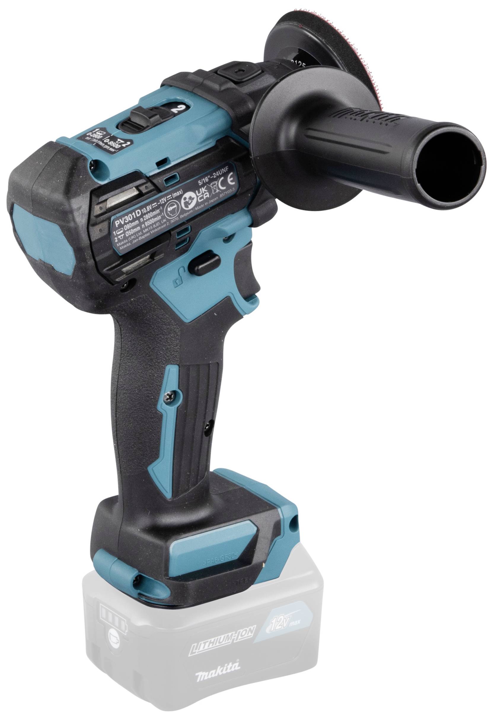A navy-blue cordless drill with a side handle. The device is positioned upright, with the battery and control buttons clearly visible.