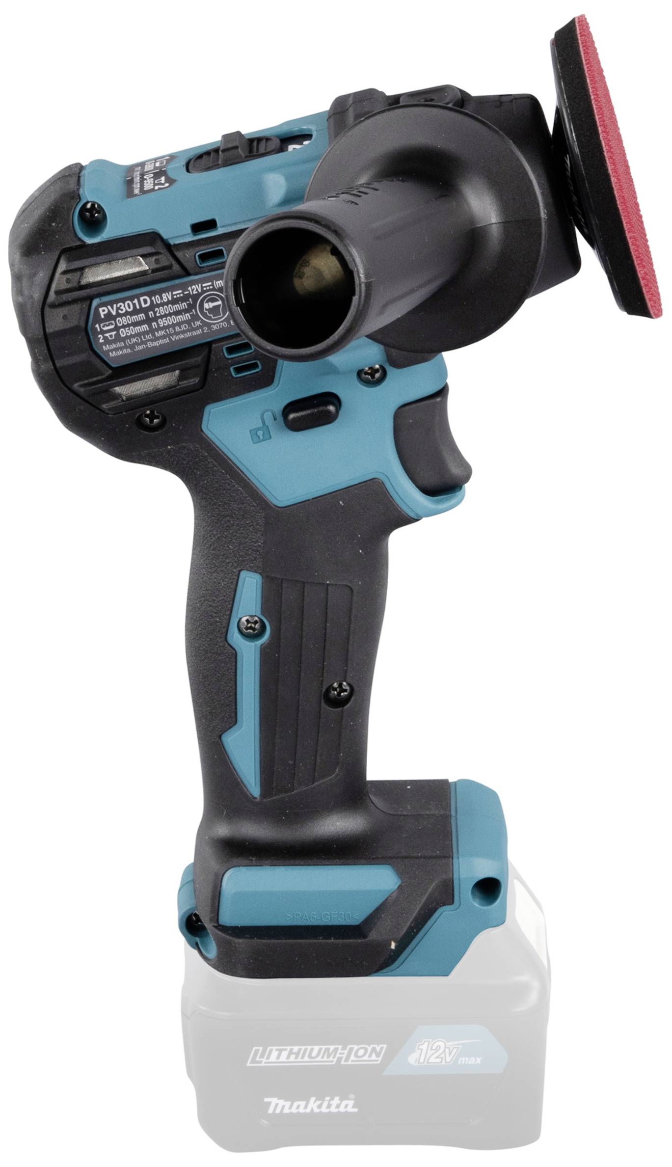A cordless polishing tool with a black handle and a blue casing, fitted with a red polishing pad.