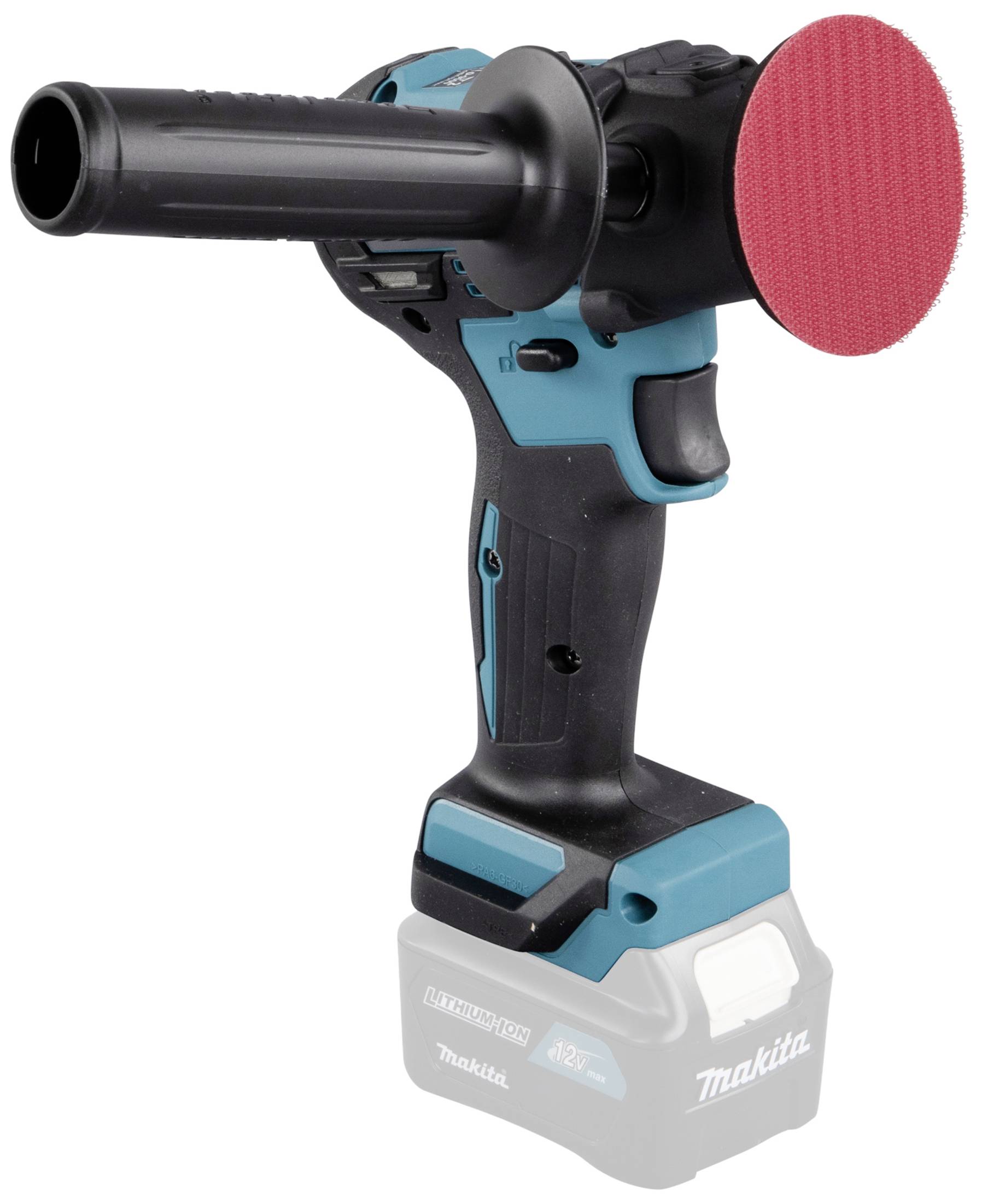 Cordless angle grinder with a blue-black casing and red grinding disc. Includes a side handle and is positioned on a white surface.