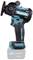 A cordless, blue-black Makita tool with an ergonomic handle. It has a grinding disc and a lithium-ion battery.