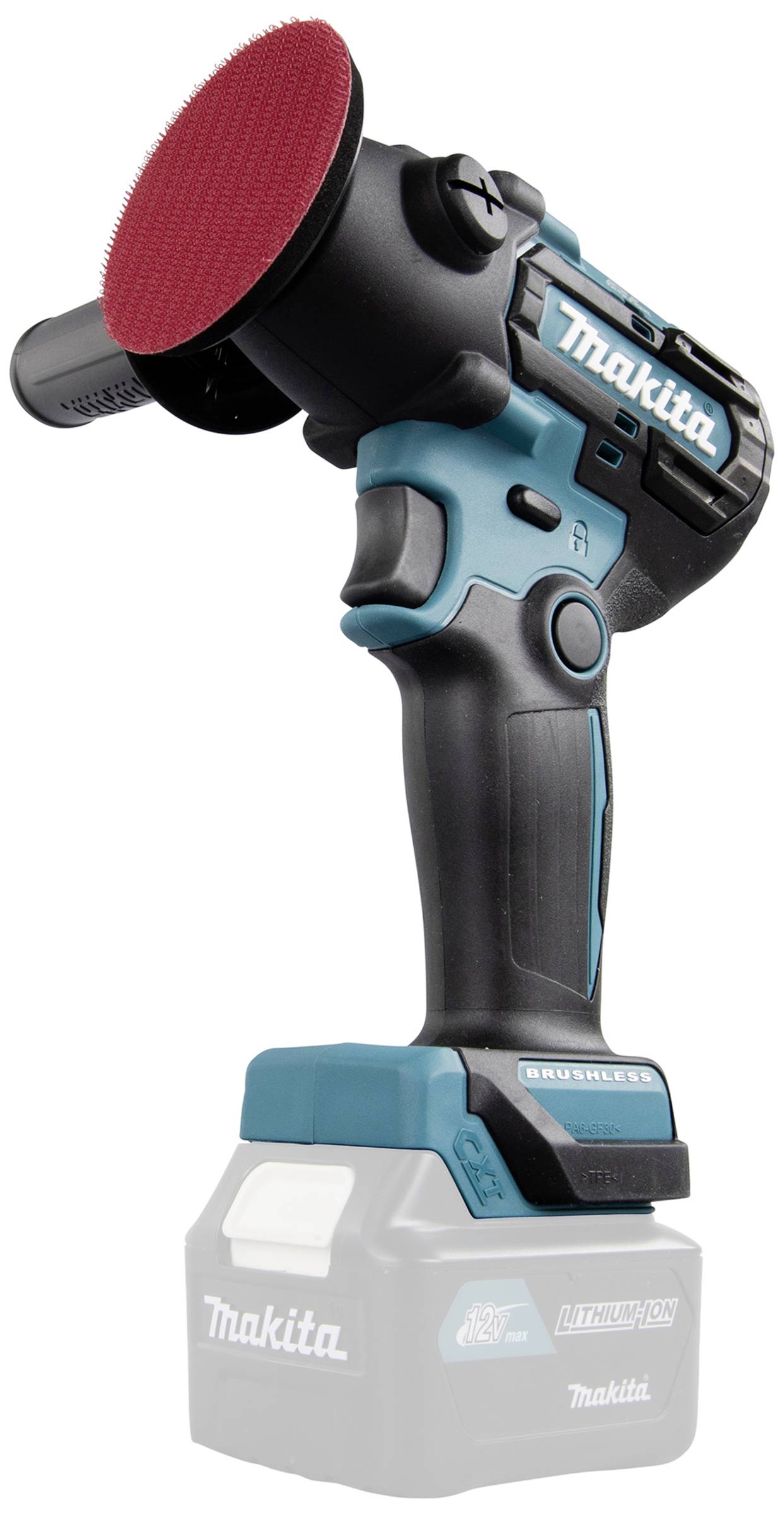 A cordless, blue-black sanding tool with a red sanding paper attachment, suitable for DIY tasks.