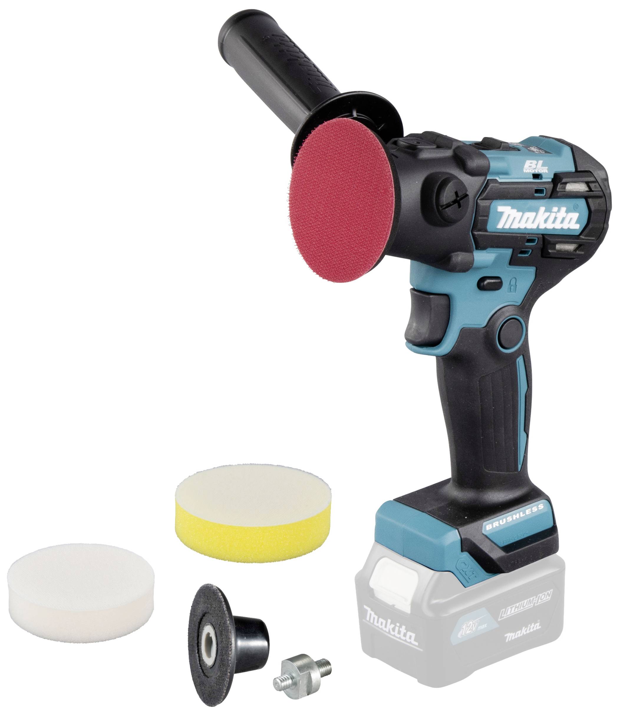 Battery polisher with red polishing attachment, two additional sponges, handle and accessory. Product branding visible.