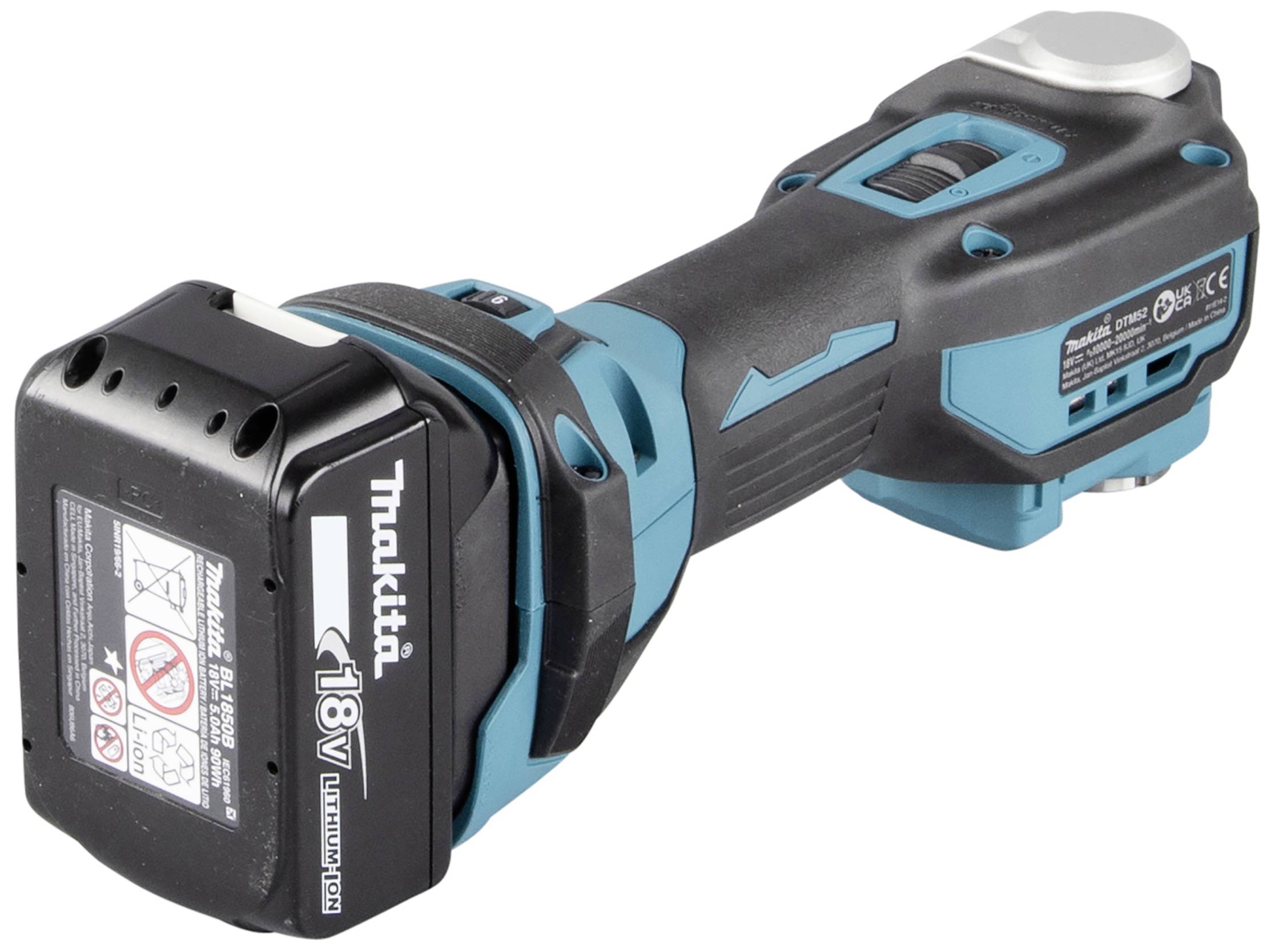 A blue and black cordless angle grinder with an 18V lithium-ion battery and multiple control buttons.