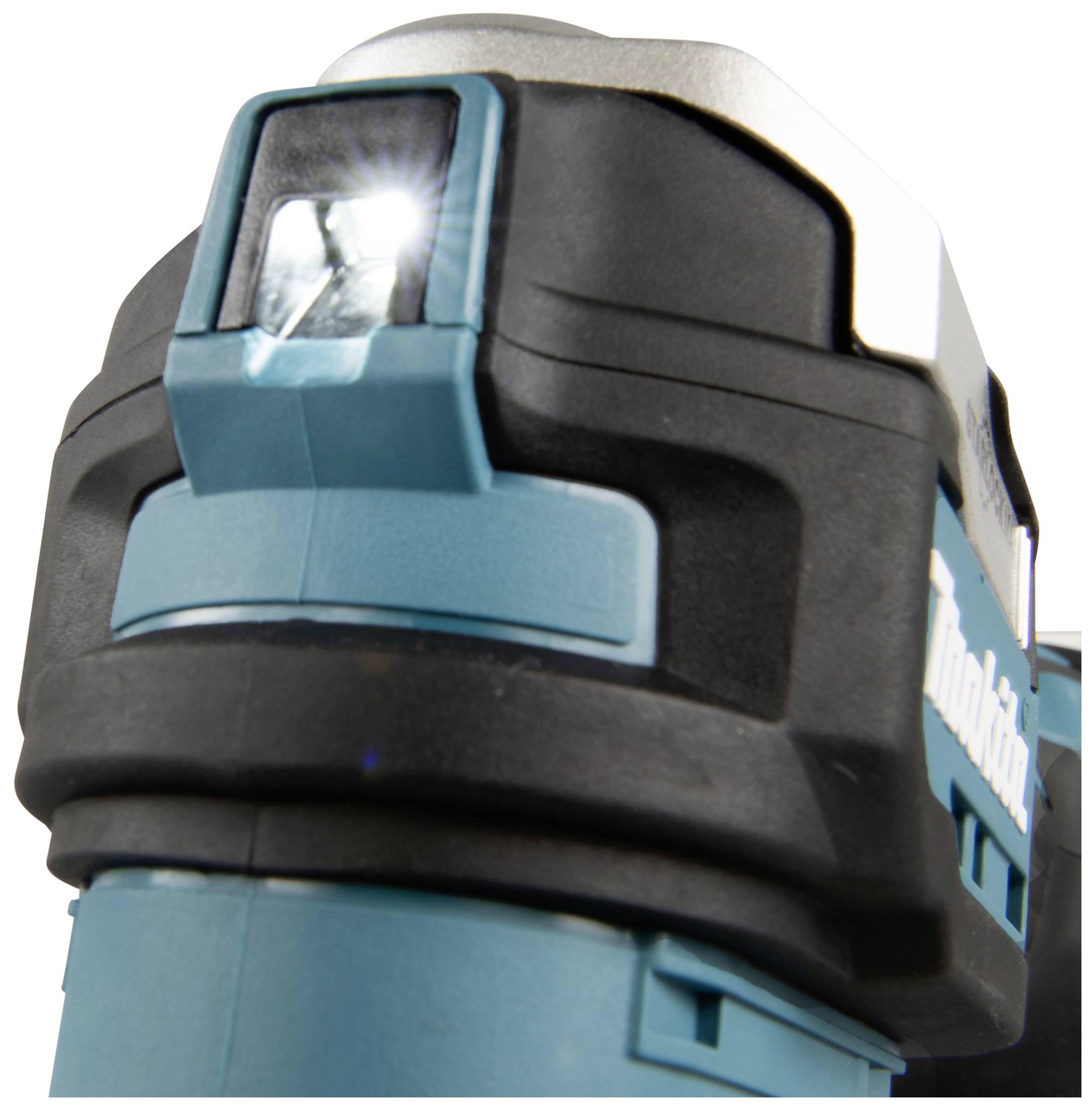 Close-up of a blue cordless power tool with an LED light illuminated at the front.
