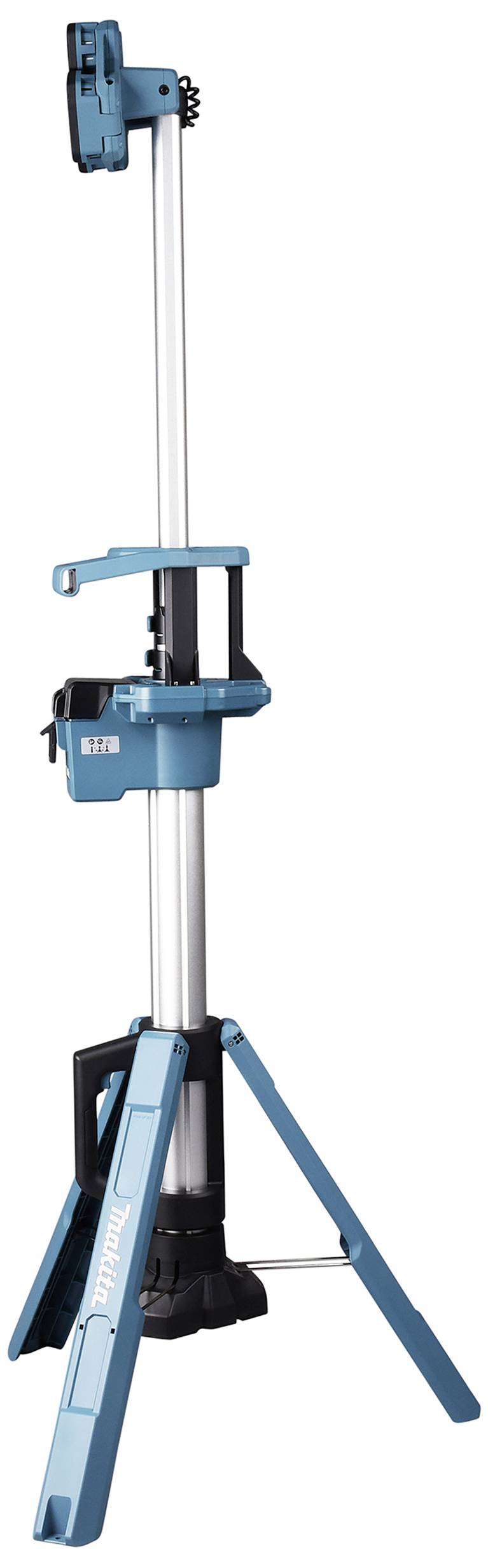 A blue and silver tripod with sturdy legs is unfolded. It appears to be designed for supporting tools or equipment.