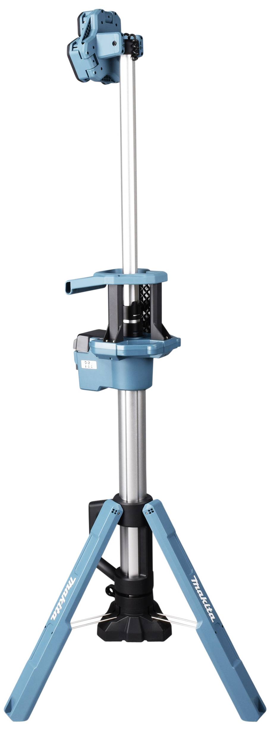 A three-legged stand with a mounted blue machine attachment, suitable for craftwork or construction tasks.