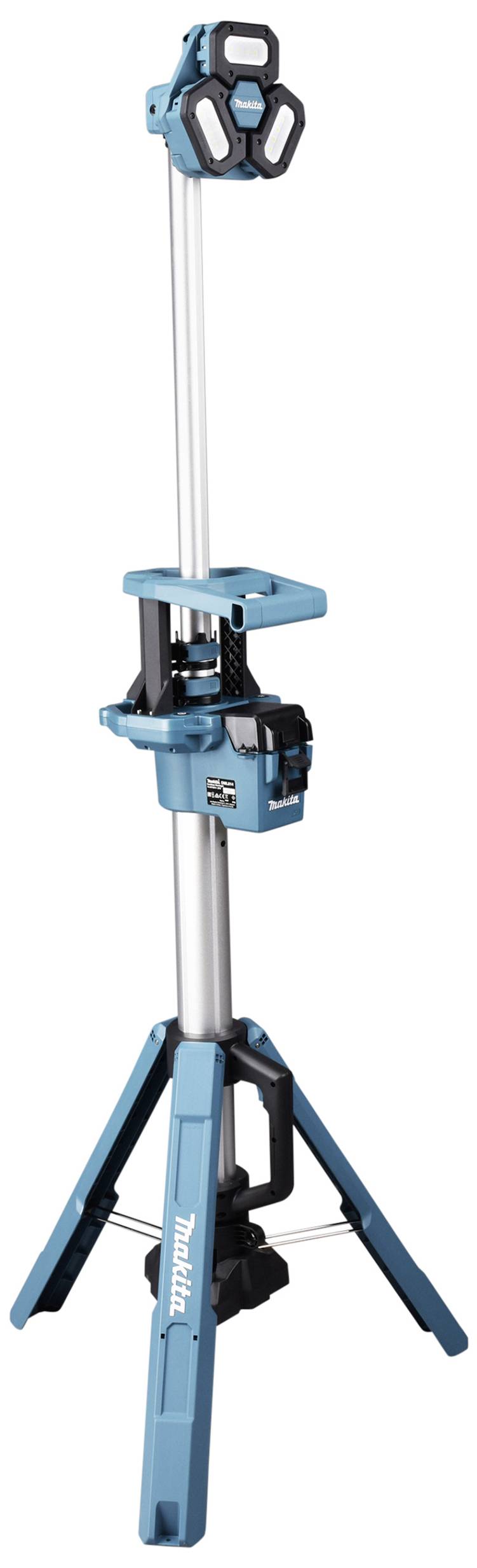 A portable, adjustable tripod with a mounted, rechargeable work light. Ideal for construction or renovation work.