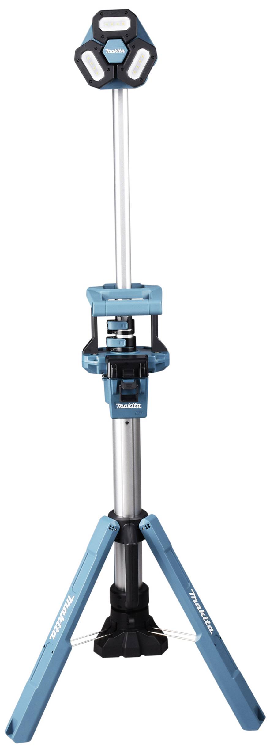 A blue, three-legged LED work light on a telescopic stand. It is suitable for construction sites or workshop lighting.