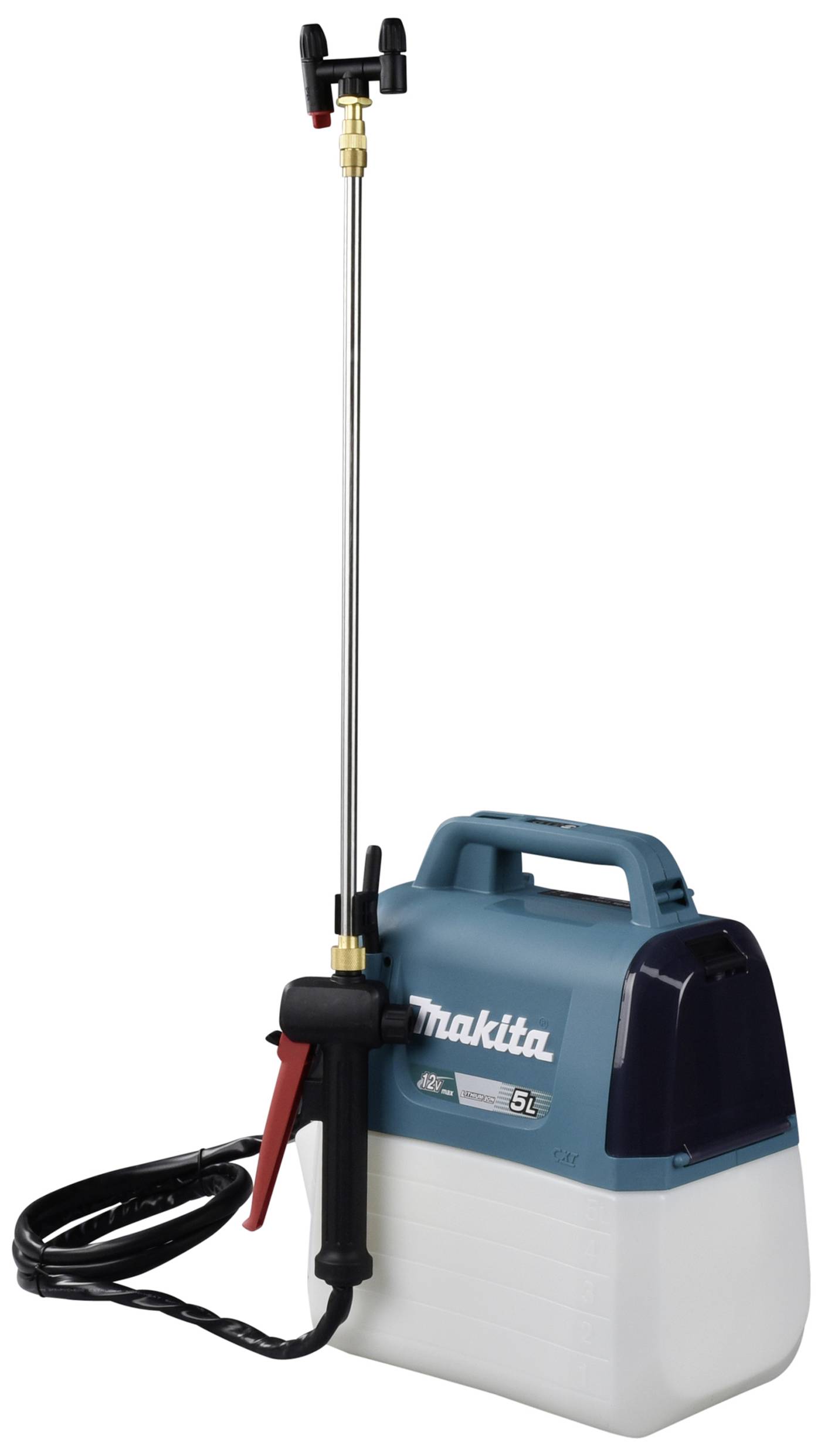 A blue and white electric pressure sprayer with a long nozzle and a black hose; Makita brand.