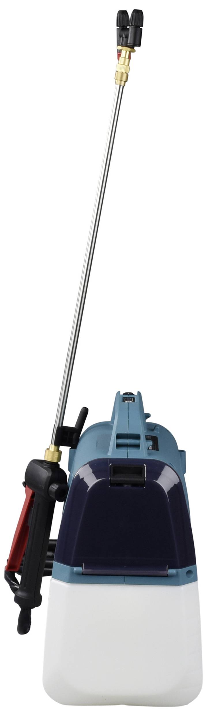 Spray device with a long metal hose and plastic container at the bottom, suitable for spraying liquids in the garden or around the home.