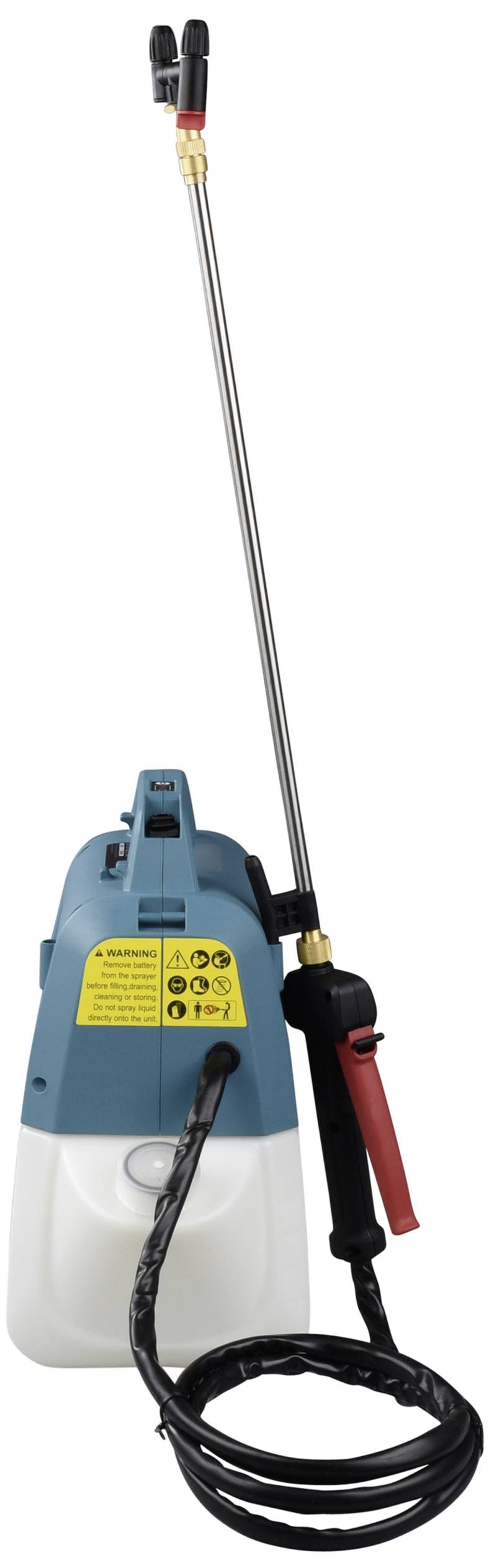 Pressure washer with a long hose and nozzle, standing upright, white background. Primarily used for cleaning purposes.