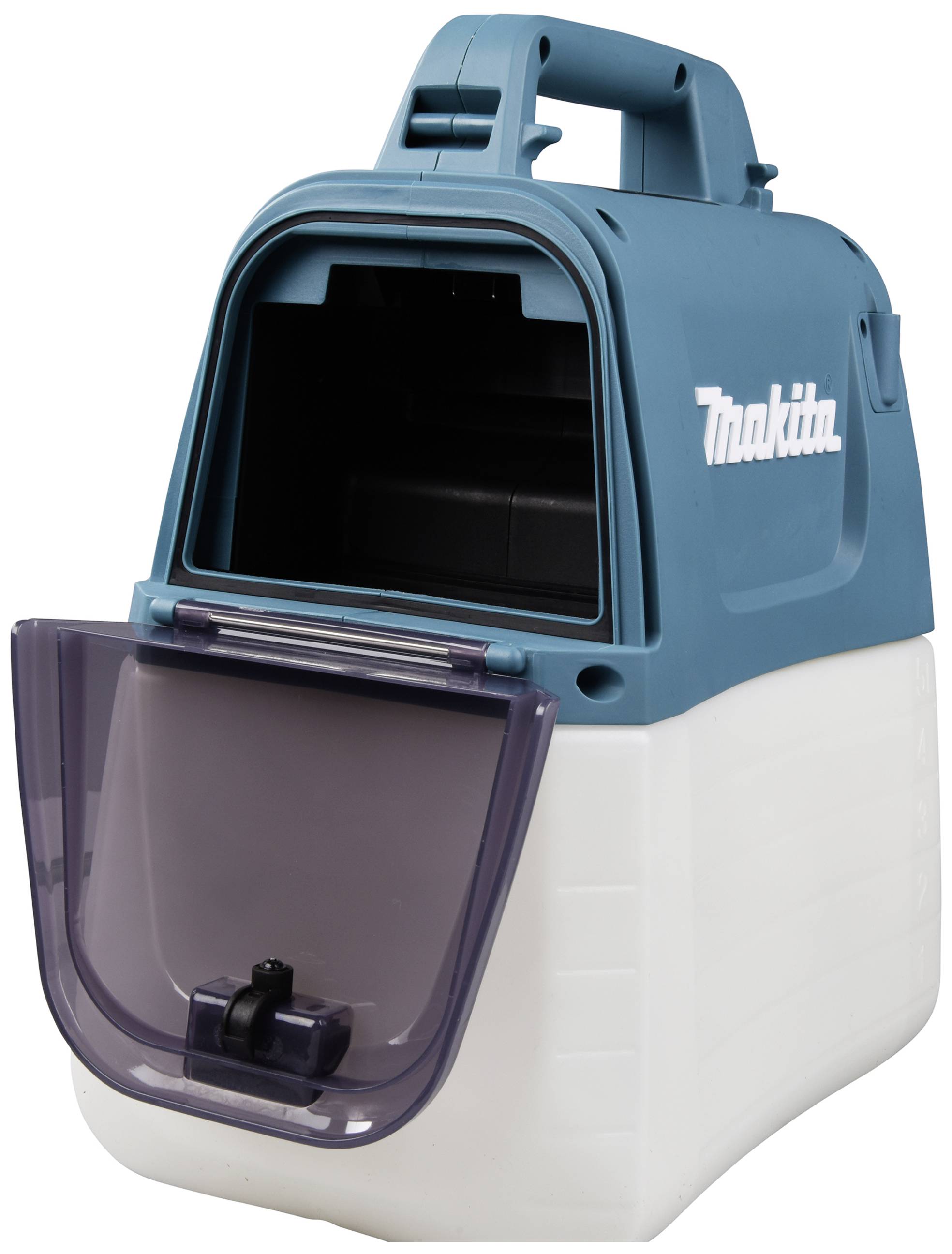 A portable blue and white coffee machine with a transparent, hinged lid on top and a carry handle.