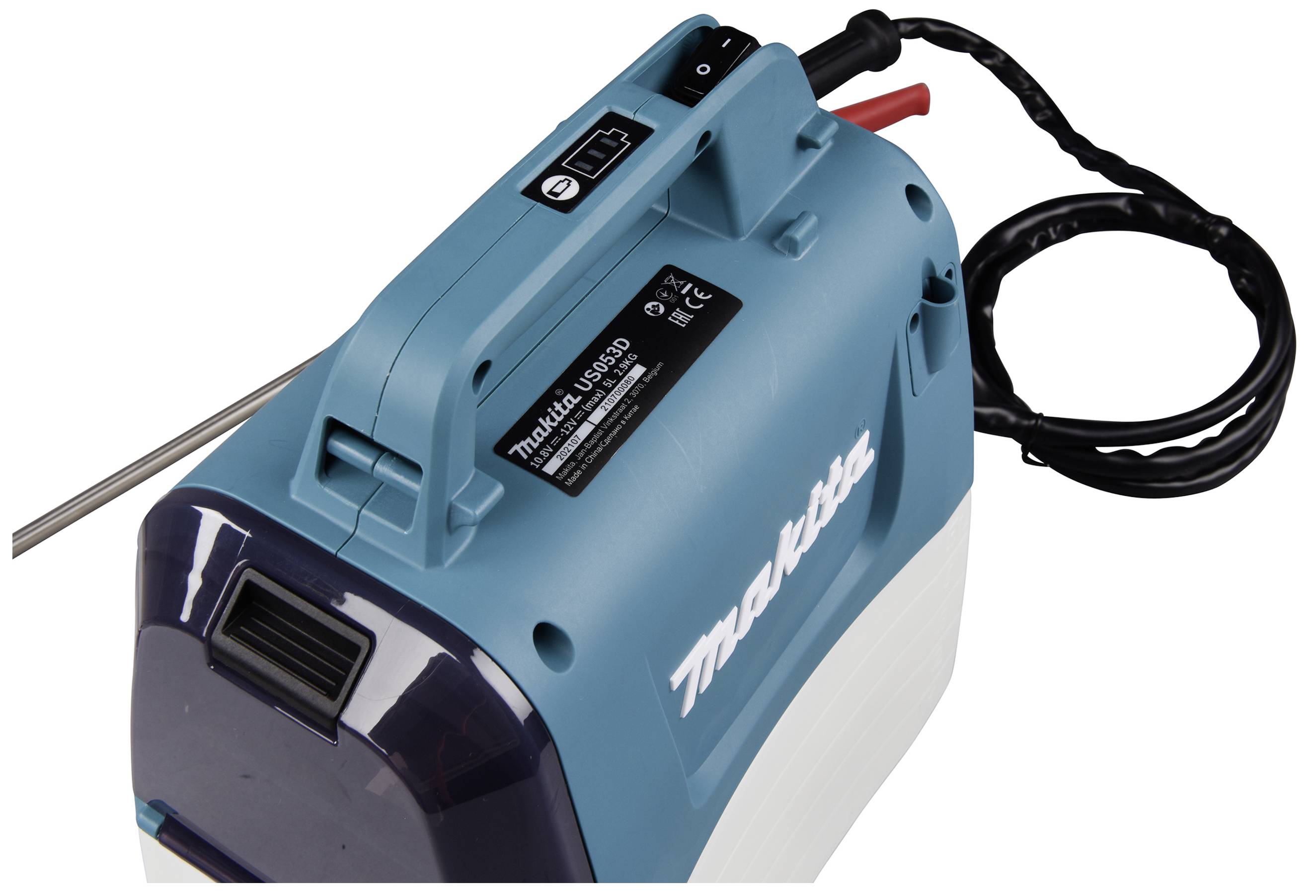 A blue, portable electric device with a Makita logo. It has a handle and is designed for easy transportation.