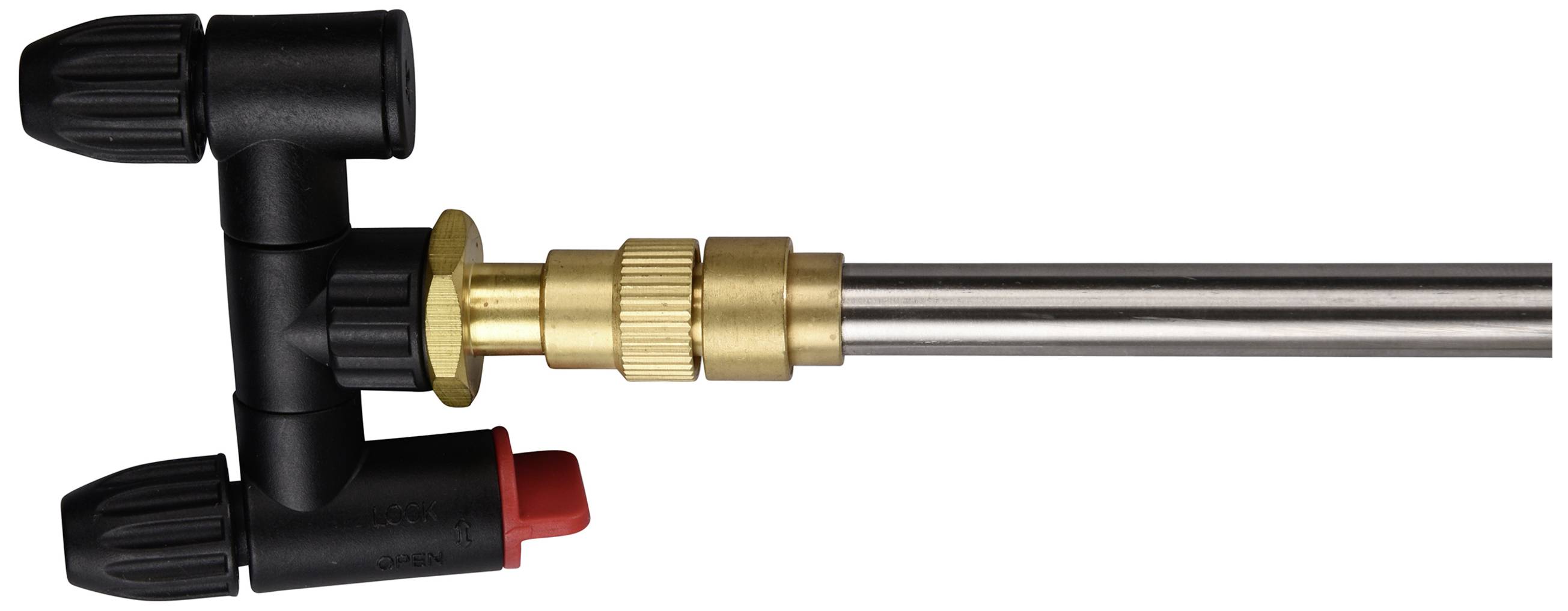 A metal valve with multiple connections and a red lever for controlling water flow.