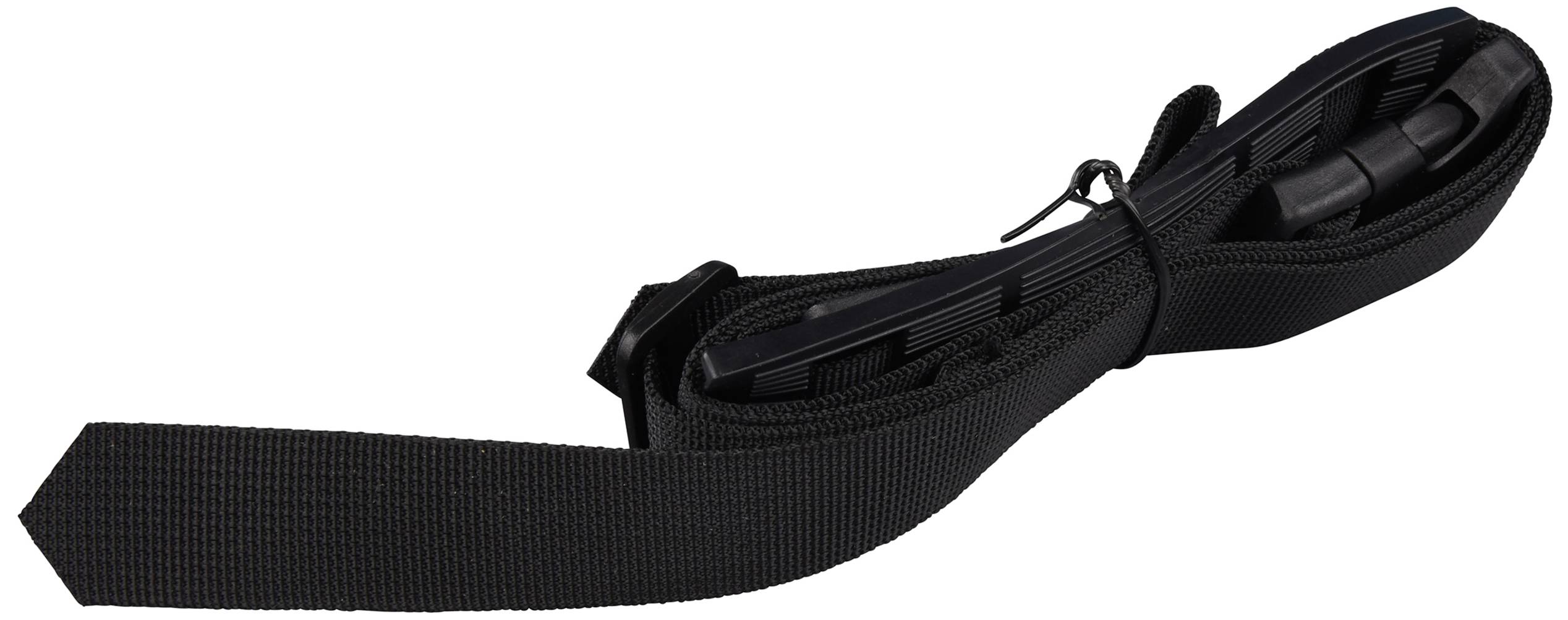 Black belt with buckle, rolled up, for secure fastening or bundling of objects.