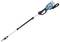 Long-handled electric pruning shears in blue with a small saw blade, suitable for trimming branches at great heights.
