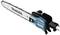 Electric chainsaw by Makita, showing the bar and chain with the handle, blue and black design, side view.