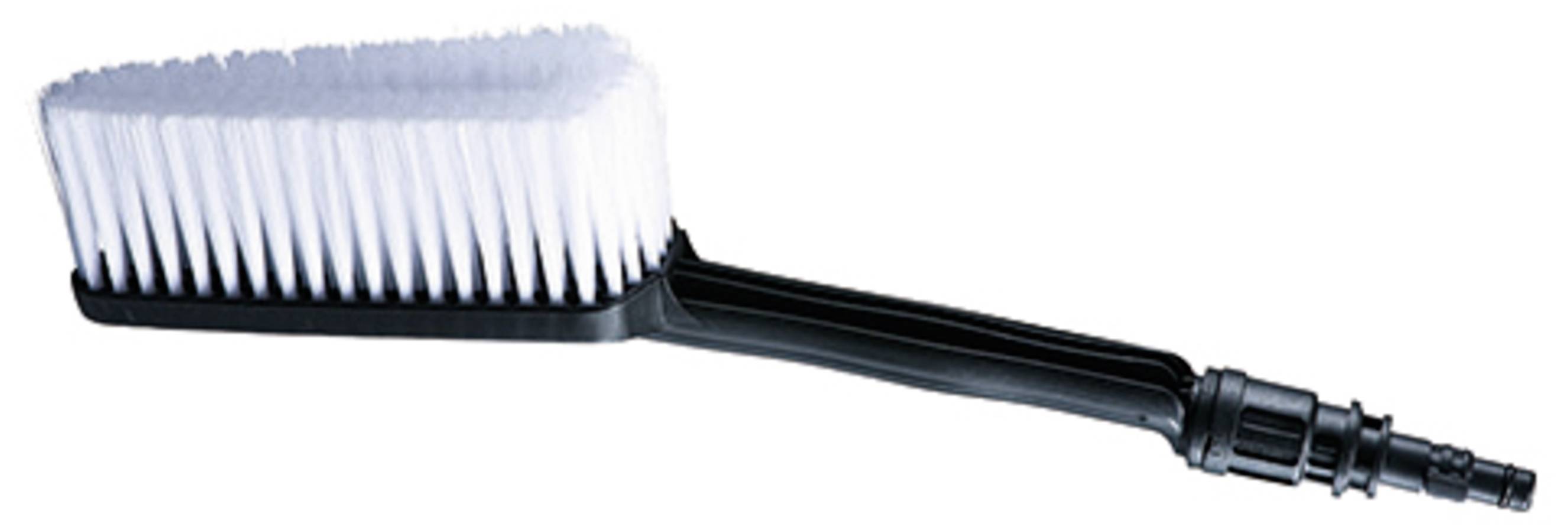 A cleaning brush with a black plastic handle and white bristles, suitable for scrubbing surfaces.
