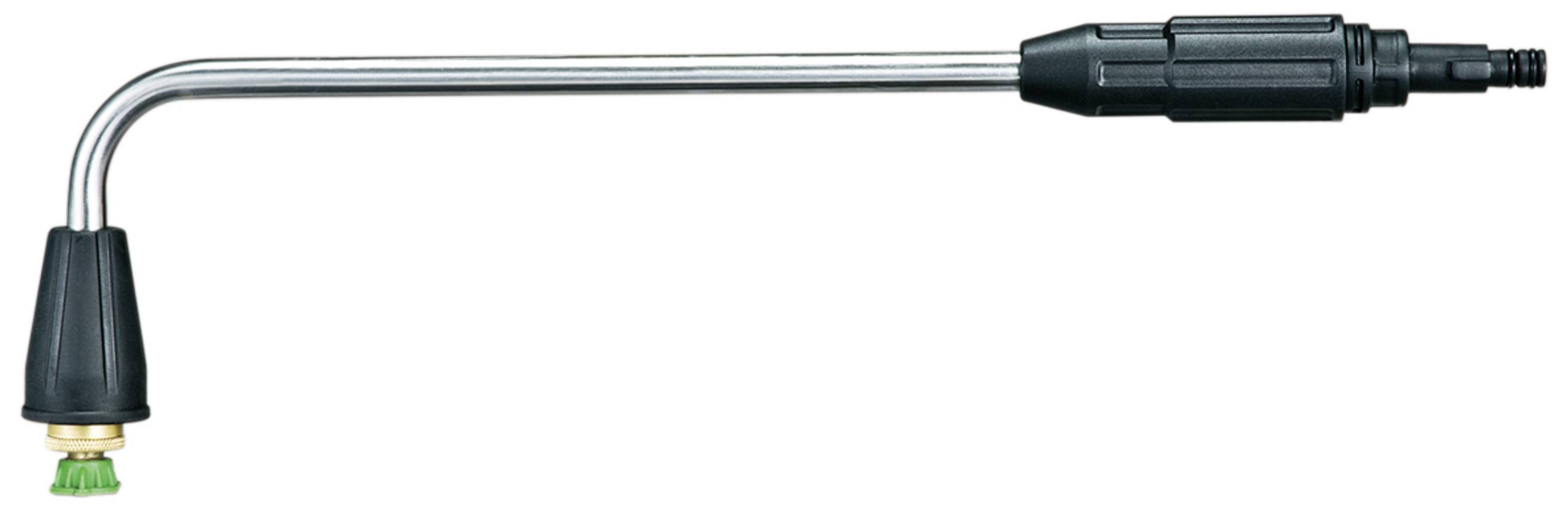 Long pressure cleaning spray attachment with curved metal pipe and green nozzle head; designed for hard-to-reach areas.