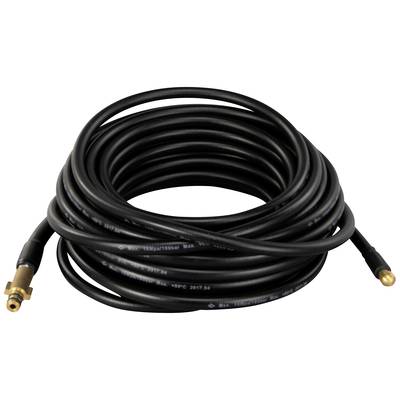 Black water hose coiled, with metal connectors at both ends. Suitable for pressure washer applications.