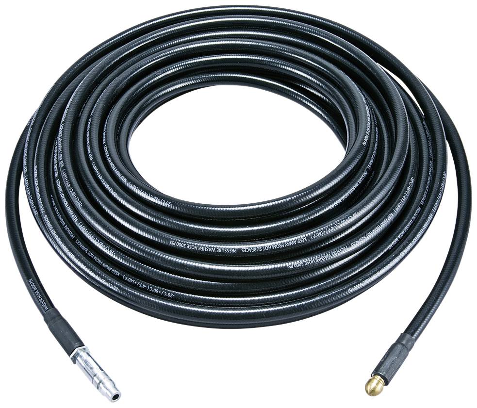 Long, coiled black hose with metal fittings at the ends, suitable for water or air pressure systems.